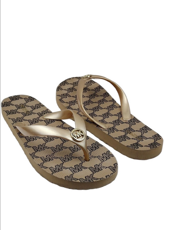MICHAEL Michael Kors Shoes - MICHAEL Michael Kors Brown Gold PVC Upper Thong Slip On Flip Flop Shoe